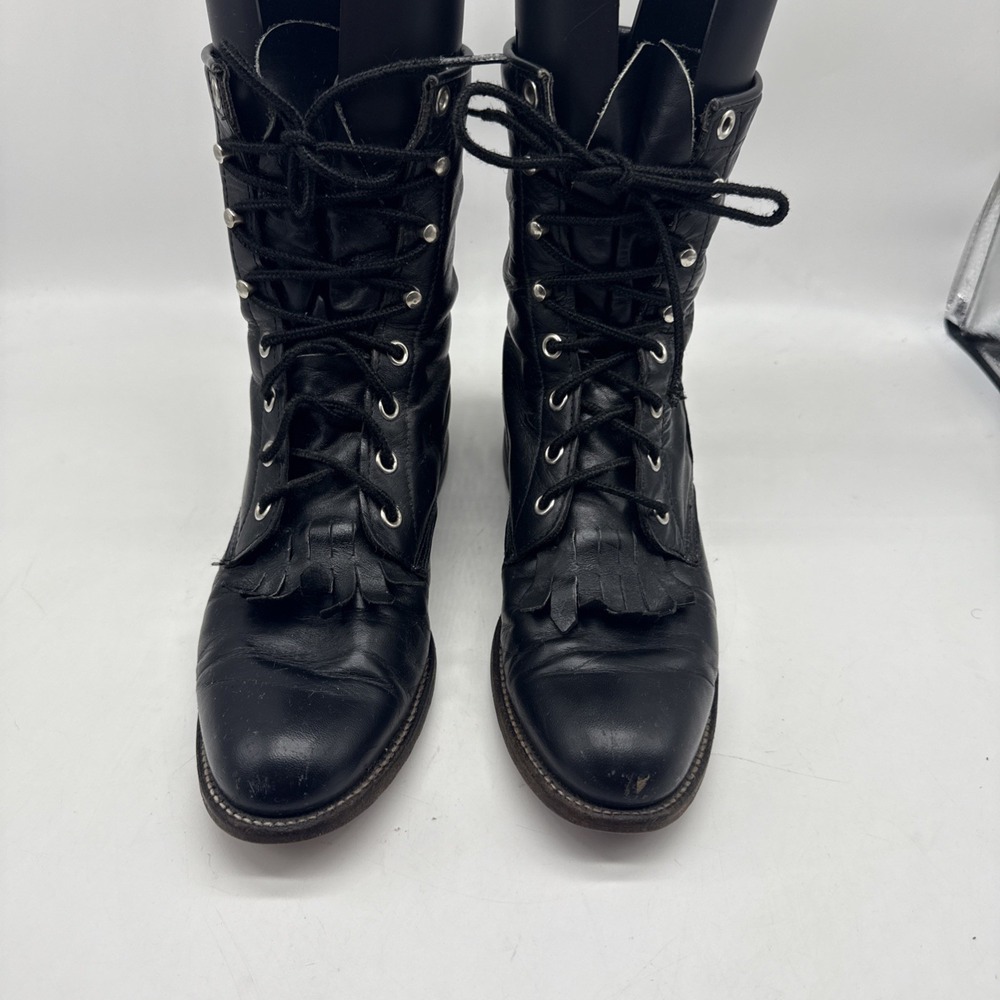 Vtg Justin Boots Womens 6.5B Black Leather Lace Up Combat Fringe Kiltie USA - Picture 2 of 15
